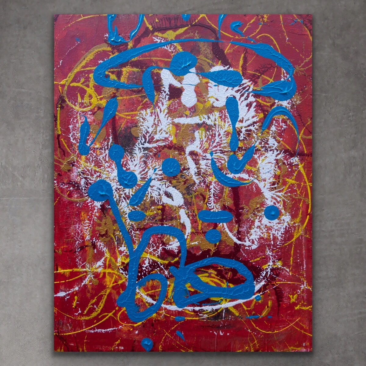 Acrylic on canvas titled Adventurous Extract from Torqued Morphism — bold blue and red gestural marks.
